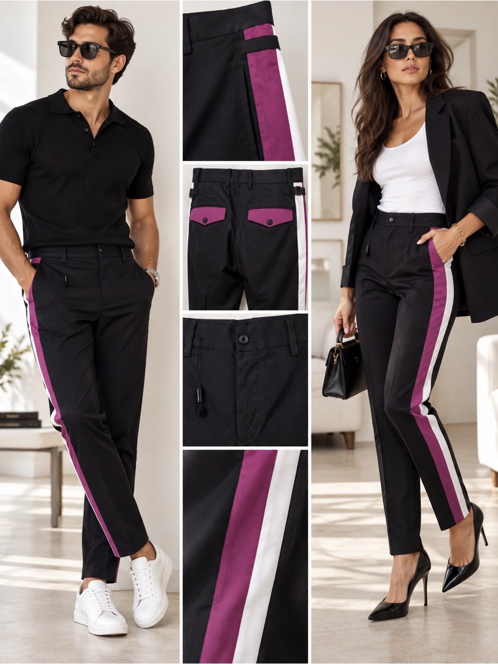 NWT Dolce & Gabbana Side Stripe Trousers Black Purple White IT 44